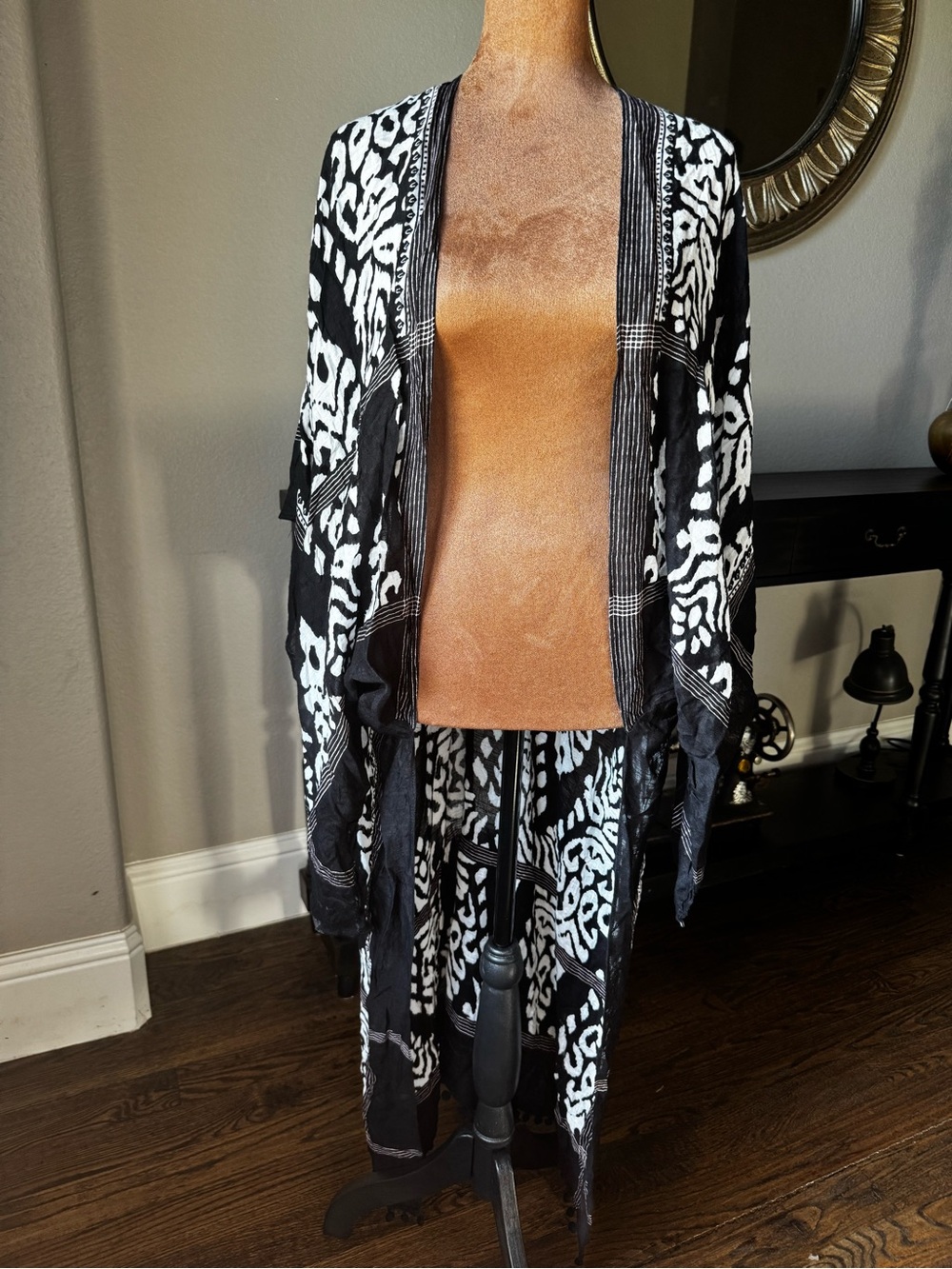 Shiraleah Black White Boho Kimono Duster Sheer Pom Pom Fringe Cover Up